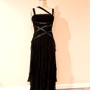BCBG MaxAzria Long Ruffled embellished Evening dress in black